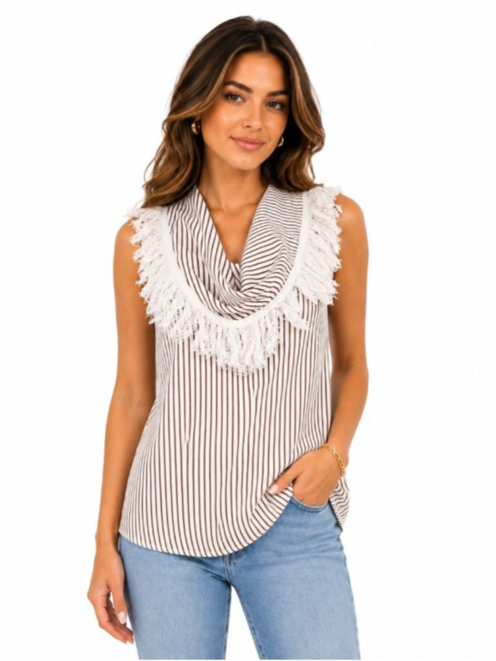 Line + Dot Striped Fringe Sleeveless Top Size Small Brown Cream Cowl Neck Boho N